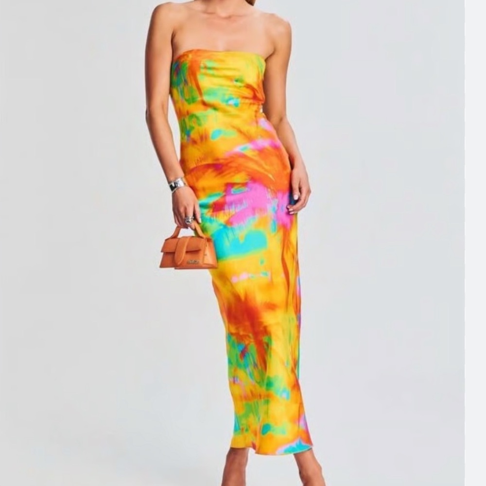 SER.O.YA Sz S Dress Cerith Strapless Silk Midi Abstract Palm vibrant Seroya New